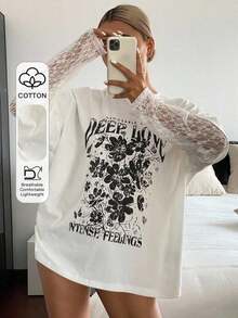 Loose And Casual Summer T-Shirt With Letter Print And Contrasting Lace, Oversized Graphic T-Shirt With Floral Print - Vintage Street Style Unisex Loose Cotton Short Sleeve Crew Neck T-Shirt. Blouses For Women. Casual Blouses For Ladies. - 白色的 - 查看 2