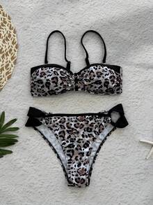 Conjunto de bikini push-up con estampado de leopardo y pedrería. La elección perfecta para viajes y vacaciones en la playa. - Marrón - Ver 3