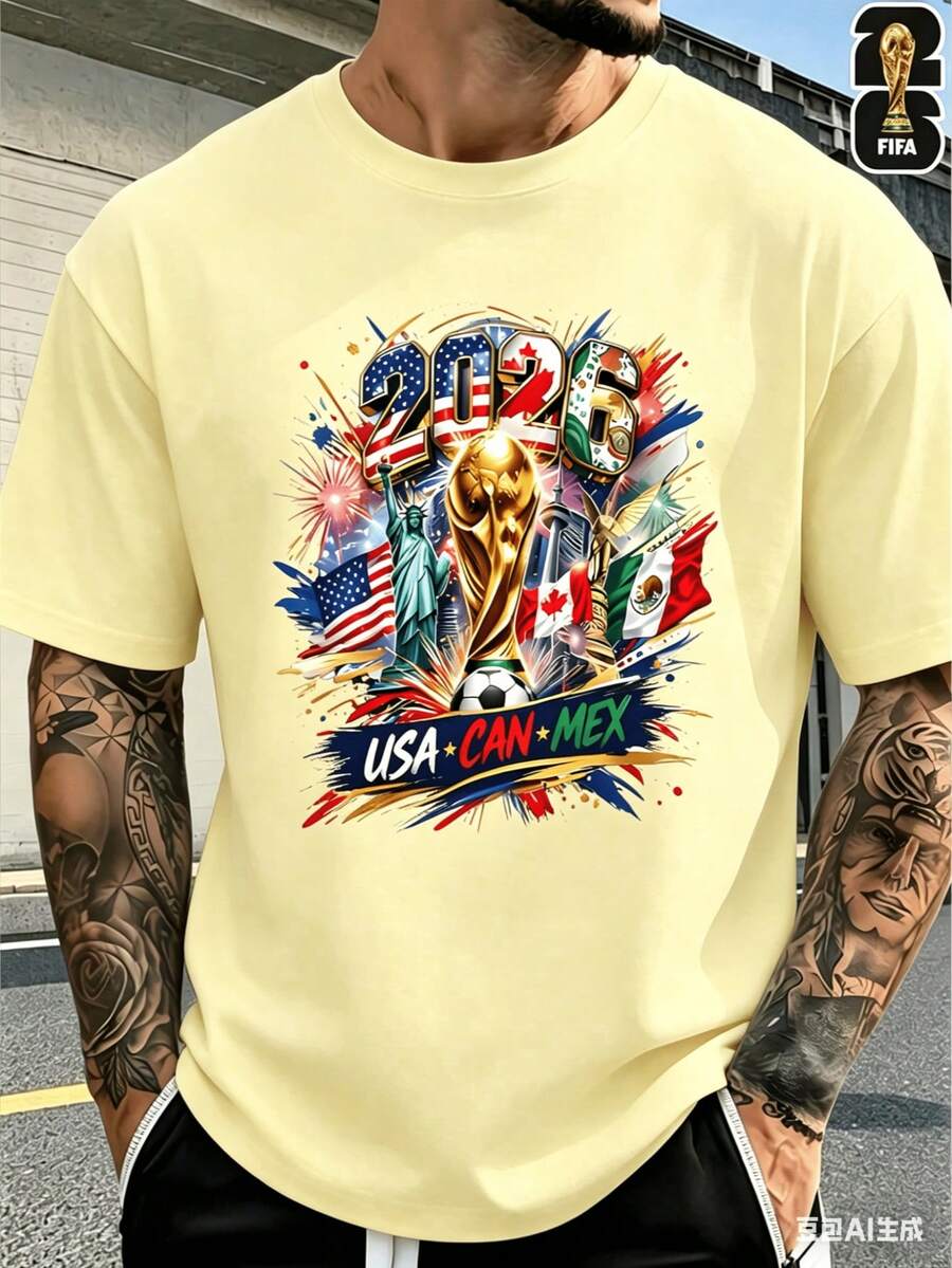 [FIFA World Cup Licensed]2026 USA-Canada-Mexico World Cup Football Pattern T-Shirt, 180g 100% Cotton, Round Neck, Comfortable Casual Sports T-Shirt Fo - 黃色 - 查看 1