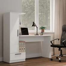 1 Piece All-In-One Desk With Side Storage Unit, With Tall Cabinet, Open Shelves & Bottom Drawer, Spacious Workstation With Ample Storage, Versatile Study & Office Desk, 3 Styles Available For Small Spaces - Study Desk - View 2