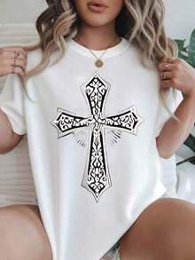 Women's Casual Short Sleeve T-Shirt - Black And White Ornamental Cross Design On White T-Shirt, Round Neck, Summer Top, Machine Washable, Ladies' T-Shirts, Casual Wear, Modern Style, Comfortable Fit

Black - 白色 - 查看 1