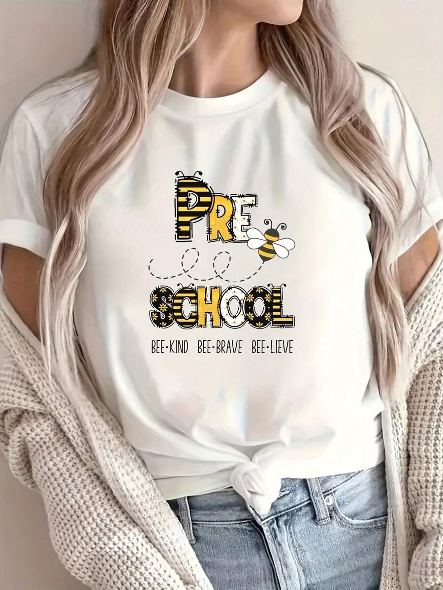 Stylish Everyday T-Shirt For Preschool Teachers, Round Neck Design, With "BEE Kind", "BEE Brave" And "Believe" Themes, A Cute Teacher Outfit, Preschool Team T-Shirt, T-Shirt That Conveys Kindness, Chic And Fashionable T-Shirt. - 白色 - 查看 1