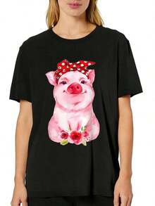 Plus Size Cotton T-Shirts For Women – Casual Short Sleeve Tops, Loose Fit And Soft. Popular Prints For Pig Lovers: Pig Face, Leopard Headdress, Pig With Flowers, And Pig With Roses. Comfortable, Breathable, And Cozy. - 黑色 - 查看 11