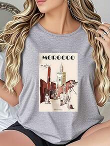 Limited Edition Women's T-Shirt With Moroccan Street Scene Print - Casual Breathable Crew Neck Design, Travel Inspired, Machine Washable, Comfortable Fit, Stylish Top, Medium Stretch Fabric, Modern Style, Comfortable Material, Printed Top, Excellent Gift Choice, Lightweight Cotton. - 白色 - 查看 9
