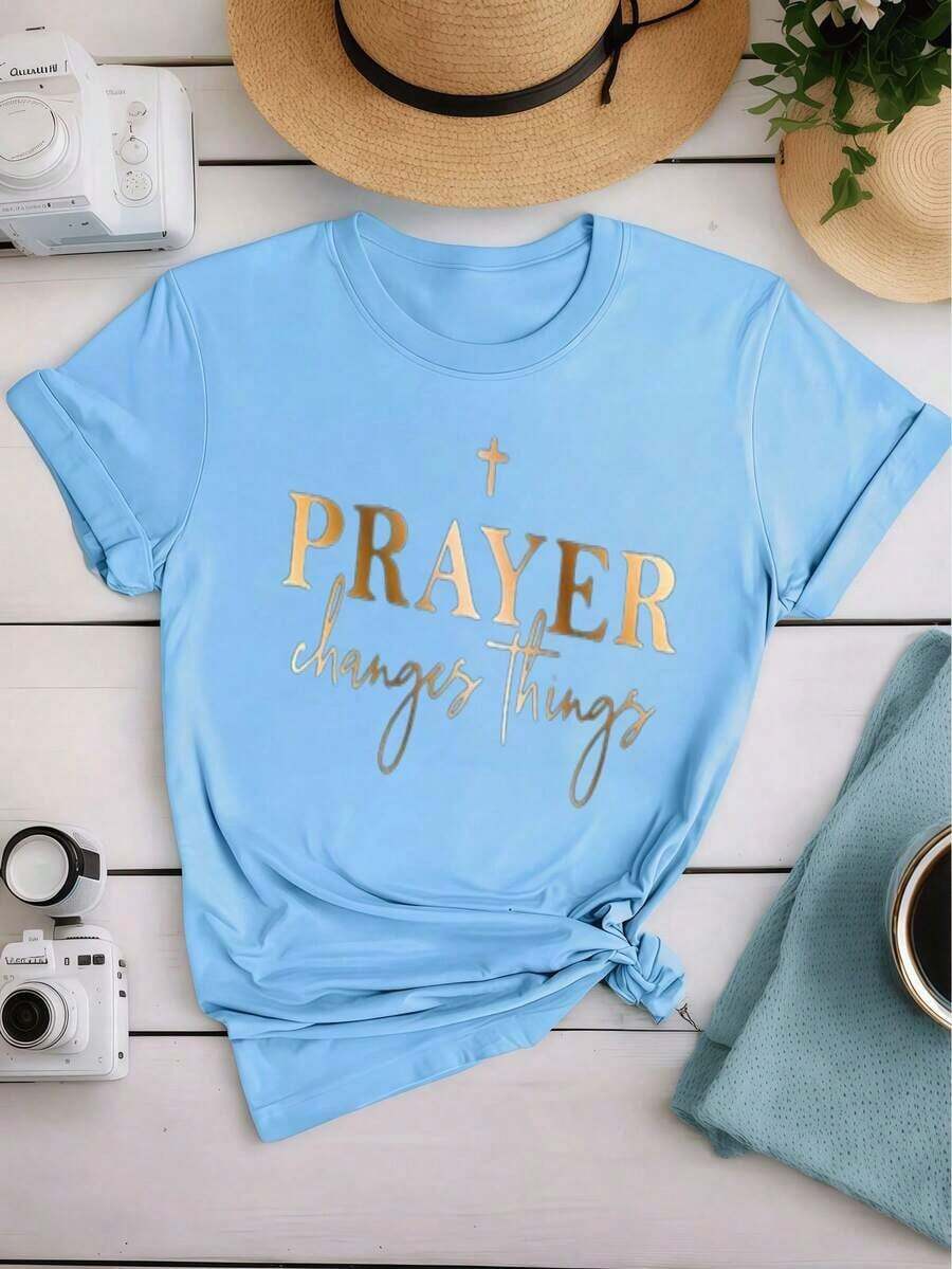 Limited Edition T-Shirt With Prayer Symbol, Gold Metallic Cursive Style, Summer Clothing, Elegant Spiritual Religious T-Shirt, Casual Cotton Crew Neck T-Shirt, Christian Faith, Easter, St. Patrick's Day, Spiritual Motivation Top, Comfortable And Versatile, Lightweight Cotton For Summer - 藍色 - 查看 1