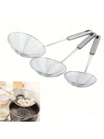1pc Durable Stainless Steel Frying Strainer, Kitchen Frying Utensil, Can Be Used As Strainer, Kitchen Accessory, Essential Kitchen Tool Gift For Home Chef, Space-Saving Kitchen Storage Helper