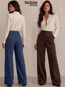 Set Of 2 Tailored Wide Leg High-Waisted Palazzo Pants, Elegant, With Front Button - 1 海軍藍 1 棕色 - 查看 2