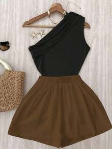 Conjunto de top plisado de hombro de color marrón sólido y elástico para uso casual y pantalones blancos de cintura elástica - Marrón - Ver 2