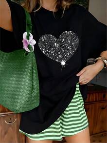 Sparkly Silver Glitter Heart Balloon Graphic T-Shirt, 100% Cotton Oversized Soft Fun Tee, Casual Crewneck Top For Parties & Teen Girls - 黑色 - 查看 1