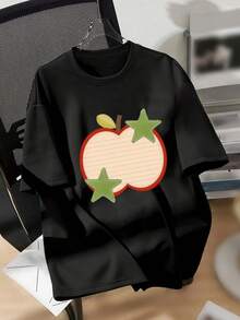 Camiseta con Estampado de Manzana para Mujer - Camiseta Suave para Uso Diario con Manzana Roja y Estrellas Verdes, Top Casual Ligero para Conjuntos de Primavera/Otoño/Verano - Eventos Cotidianos y Temáticos, Moda de Temporada, Estampado Divertido, Material Transpirable, Camiseta de Manga Corta, Ropa Deportiva para Mujer - Negro - Ver 6