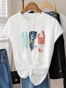 Women's Modern Minimalist Cotton T-Shirt, Short Sleeve, White Options, Breathable, Loose Fit, Round Neck, Classic Blue Surf Wave Design, Oversized Graphic Tees, Exquisite Design, Casual And Modern Style, Summer T-Shirts, Suitable For Casual Daily Wear, Home Workouts, Outdoor Activities, Beach Vacation, Ideal For Gifting Women's Clothing. - 白色 - 查看 3