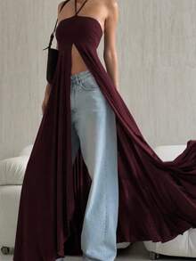 Vestido elegante sin mangas estilo halter diseño exclusivo, corte ajustado con abertura amplia, estilo versátil y único - Burdeos - Ver 4