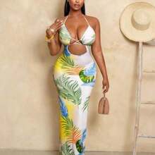 Women's Tropical Plant Print Hollow-Out Sexy Tie Neck Dress, Vacation Wear - Multicolor - Ver 1