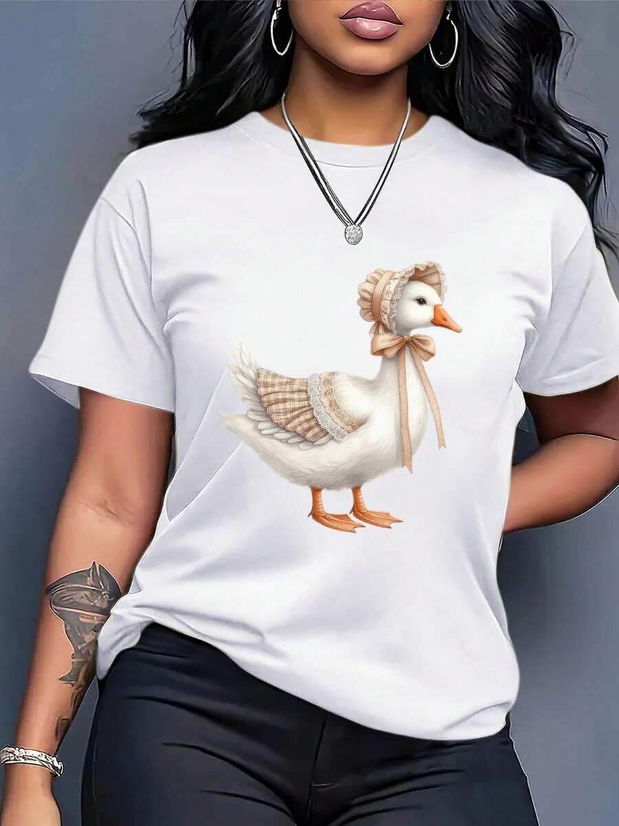 Plus Size - Women's T-Shirt With Adorable Duck Print - Soft And Loose Fit T-Shirt With Chicken And Bow Design, Casual White Blouse For Daily Wear, Suitable For Spring And Summer - Fashionable Women's Clothing, Spring Wardrobe, Cheerful Design, Breathable Material, Short Sleeve T-Shirt, Fashionable For Women. - 白色 - 查看 1