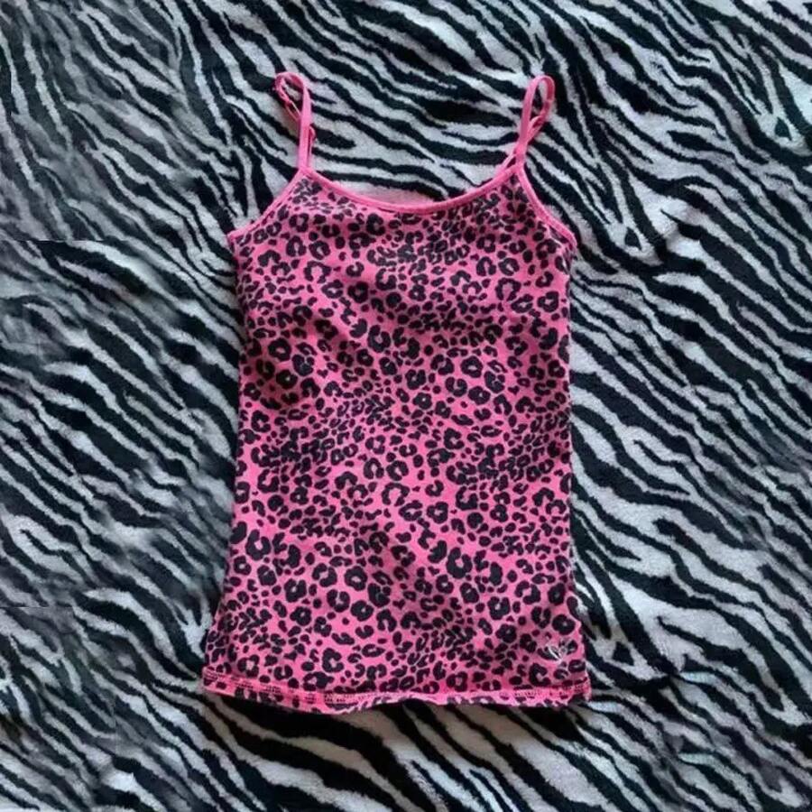 Camisola con estampado de leopardo, estética rock, emo girl Y2K, tops cortos informales punk hottie harajuku hip hop street retro chic para mujer - Rosa - Ver 1