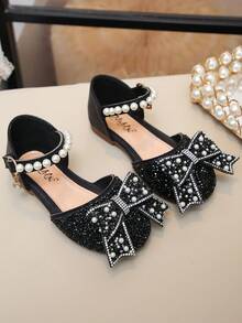 Girls' Soft Sole Flat Sandals With Pearl & Bowknot Decor, Breathable & Rhinestone Embellished - Black - View 3