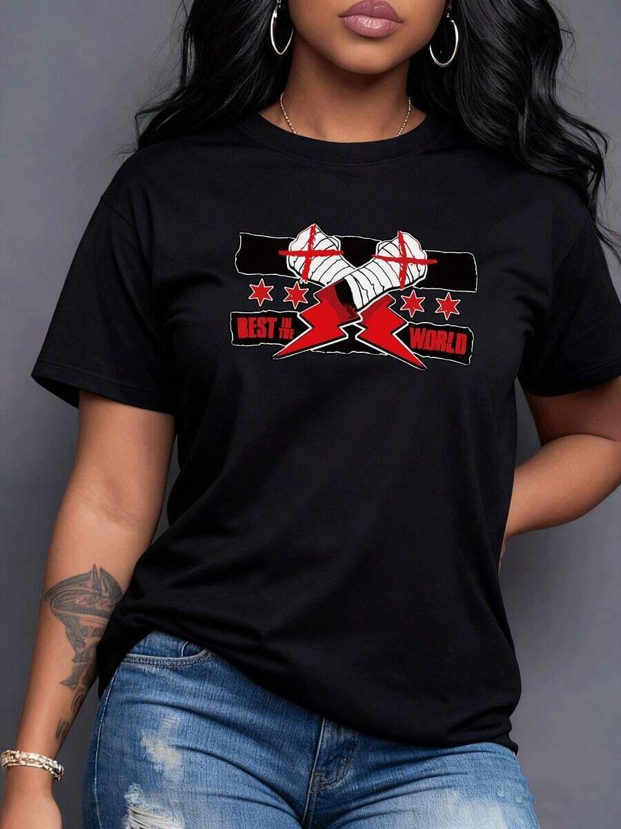 Powerful Print Of Bandaged Hands With Red Crosses Evoking Unwavering Strength And Fighting Spirit. Vibrant Lightning Bolts And Stars Surround The Phrase BEST IN WORLD, Symbolizing Victory, Excellence, And The Fierce Determination Of The Modern Woman. Women's T-Shirt, 100% Cotton - Vintage Street Style Unisex Loose Cotton Short Sleeve Crew Neck Shirt - 黑色 - 查看 1