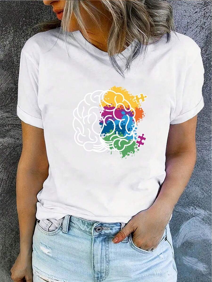 Camiseta de manga corta con cuello redondo suelto impresa de rompecabezas para mujeres de verano de primavera - Blanco - Ver 1
