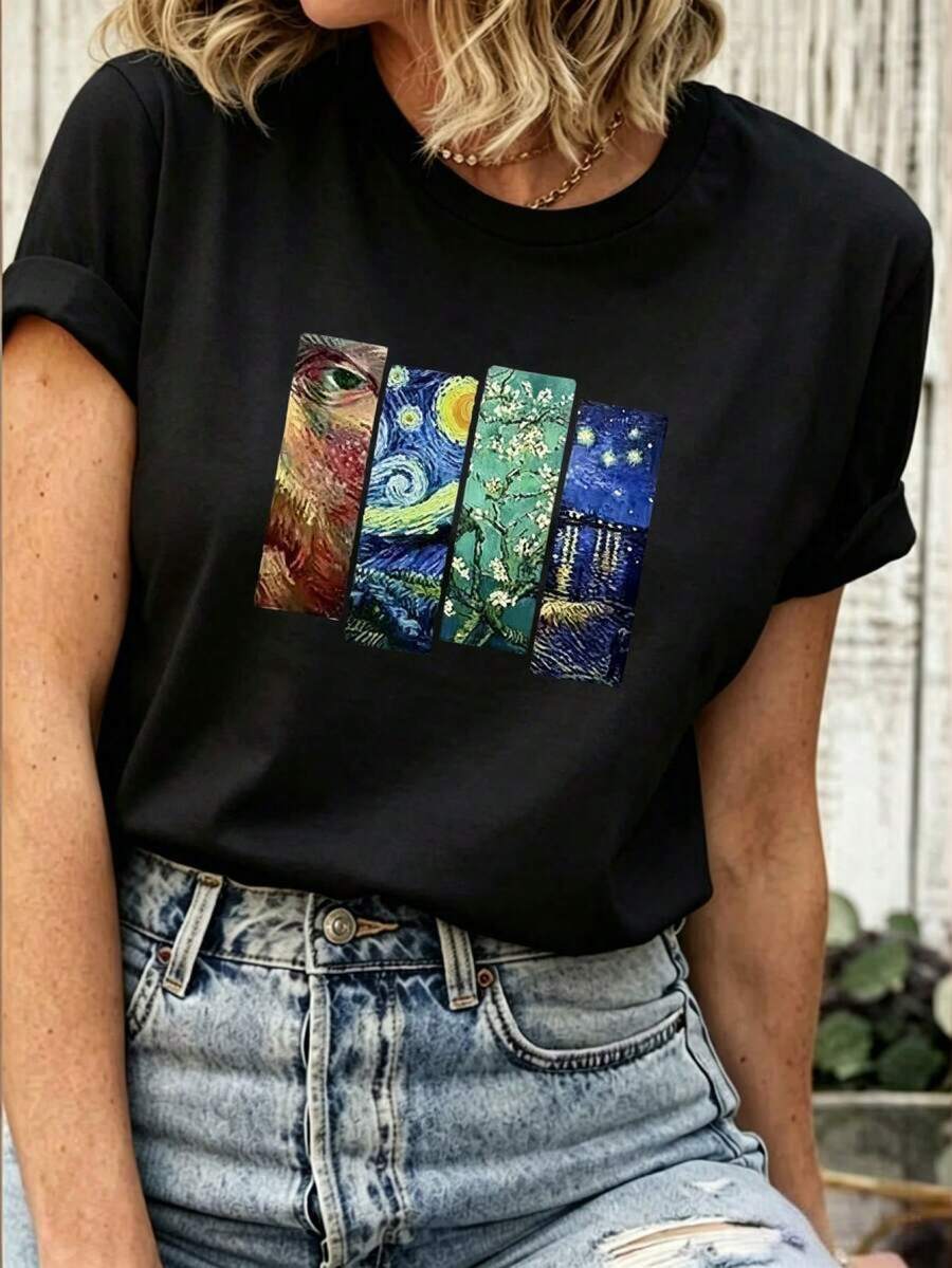 Playera Casual Oversize Mujer con Diseño "Van Gogh Noche Estrellada" - Estilo Artístico y Chic 6UOY - Negro - Ver 1