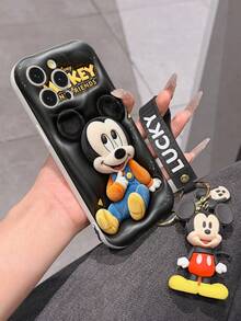 Disney Mickey Mouse Phone Case With Mickey Charm And Lanyard - Cute Mickey Protective Case With Casual Overalls And Black Background Design, Equipped With Delicate Mickey Decorative Lanyard And Beaded Bracelet For Easy Carrying, Compatible With IPhone 17, 16, 15, 14, 13, 12, 11 Pro Series, Ideal For Birthdays, Holidays, Anniversaries, Graduation Gifts, Or Any Special Occasion To Surprise Family, Friends, Classmates, And Loved Ones. - 白色 - 查看 6