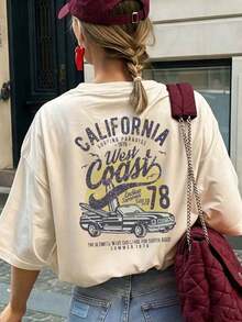 Camiseta de mujer vintage con estampado de cerezas rojas, tela transpirable y cómoda con estampado de eslogan positivo, ajuste holgado estilo universitario estadounidense retro, adecuada para uso diario, estilo callejero, día de autocuidado o regalo casual de Acción de Gracias en verano - Albaricoque 3 - Ver 5