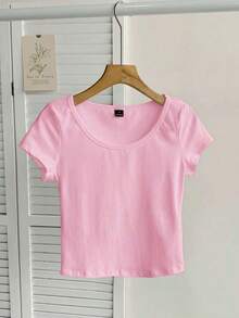 Camiseta ajustada de mujer de cuello de pico, manga raglán, color azul claro, estilo minimalista casual, 95% algodón - Rosa - Ver 6