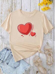 Camiseta de mujer con estampado de dos corazones, suave y cómoda Camiseta de manga corta con cuello redondo holgado - Albaricoque - Ver 1