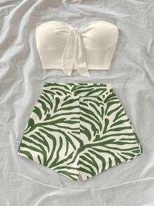 Conjunto de 2 piezas de estilo casual de vacaciones con shorts de estampado de cebra en color albaricoque y verde, y top bandeau negro, adecuado para vacaciones de verano - Multicolor - Ver 4