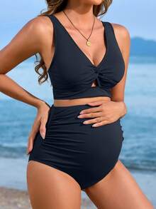 Maternity Solid Color V-Neck Twist Back Tank Top And Triangle Bottoms Bikini Set Set - Royal Blue - View 5