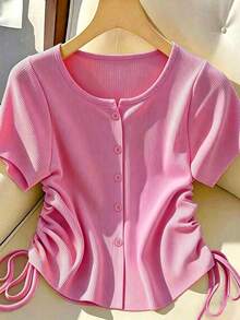 Camiseta de manga corta de verano para mujer, de unicolor, con botones delanteros y cordón lateral - Rosa - Ver 5