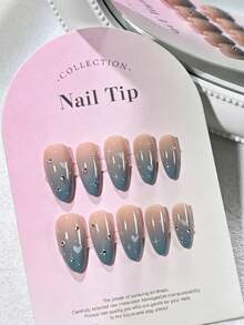 24 piezas de uñas postizas de almendra azul degradado con cobertura completa, brillantes, uñas falsas con corazón y estrella de strass, puntas de uñas falsas reutilizables - Multicolor - Ver 9