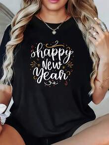 Plus Size - Plus Size - Women's Black Short Sleeve T-Shirt With Cheerful New Year Print | Casual Crew Neck, Geometric Pattern, Regular Fit, Ideal For Festive Celebrations, Slightly Stretchy Fabric - 黑色 - 查看 1