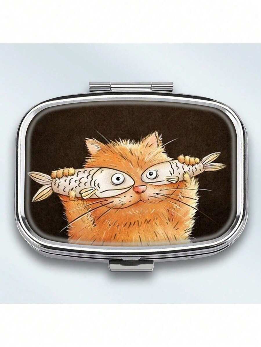 1pc Cat & Fish Design Portable Pill Box, Suitable As Wallet Or Pocket Travel Gift, 2 Compartment Square Pill Case, Organizer Gift For Friends And Family - Multicolor - View 1