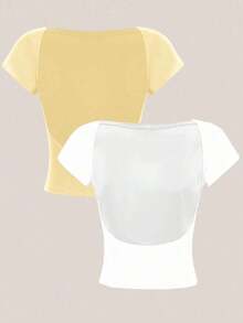 2 piezas Camiseta ajustada de mujer con cuello redondo, mangas cortas y espalda descubierta, estilo sexy y casual, adecuada para el verano - Multicolor 7 - Ver 9