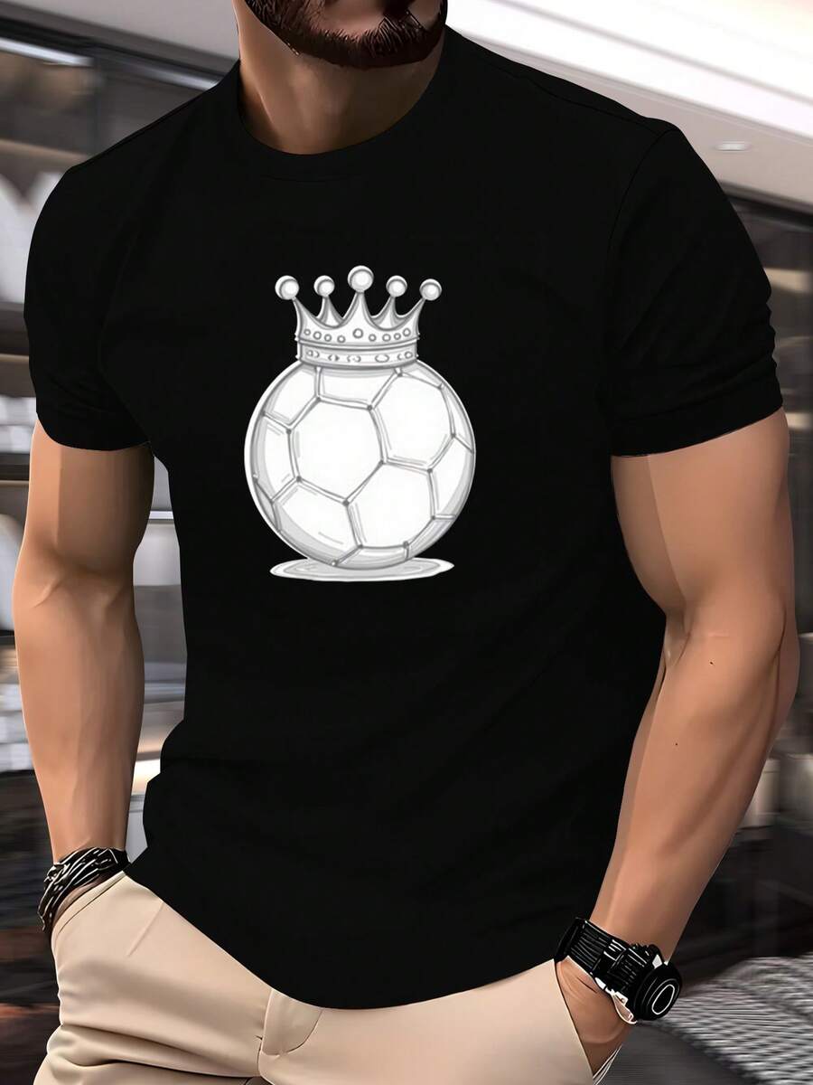 Camiseta de Fútbol para Hombre con Estampado de Corona y Balón - Azul Marino, Cuello Redondo Transpirable, Tejido de Seda Fría, Secado Rápido, Absorbe la Humedad, Malla Transpirable, Sin Sensación de Calor, Ideal para Aficionados al Fútbol - Negro - Ver 1