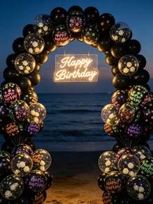 12英吋黑色生日印花氣球，10/20/30/40/50入黑色霓虹發光氣球套組，黑色生日字母、波點、星星印花氣球，適用生日、嬰兒洗禮、性別揭曉、退休、畢業、單身派對、主題派對裝飾 - 黑色 - 查看 2