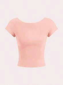 2 piezas Parte superior corta de cuello redondo y espalda descubierta de manga corta, apropiada para el verano, para mujeres sexy - Multicolor 13 - Ver 3