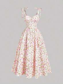 Vestido de verano de mujer con tirantes anudados y estampado floral romántico - Rosa Fucsia - Ver 1