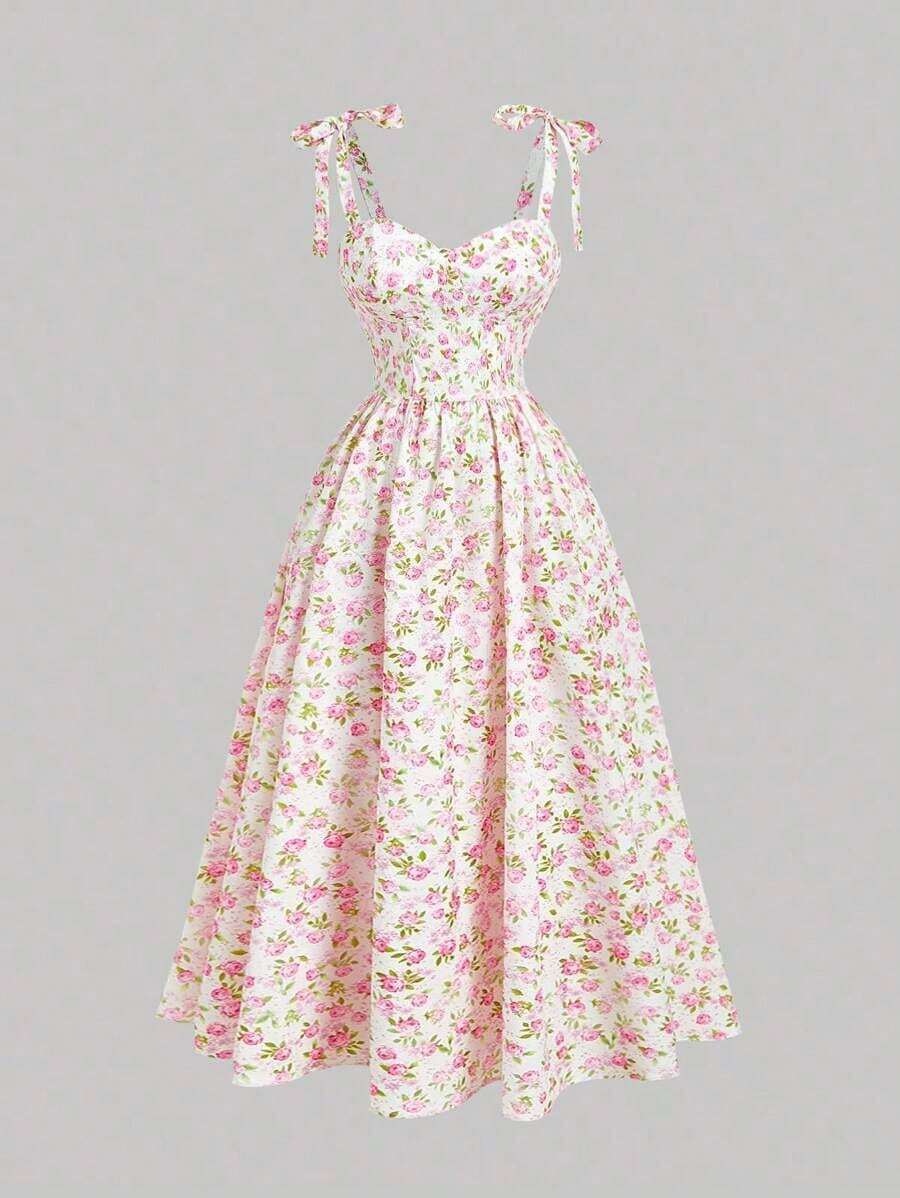 Vestido de verano de mujer con tirantes anudados y estampado floral romántico - Rosa Fucsia - Ver 1
