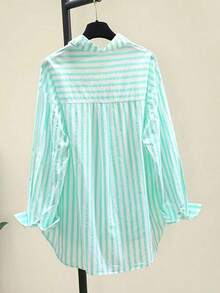 Camisa de manga larga casual con bolsillo en el pecho y estampado de rayas para mujeres, otoño e invierno - verde menta - Ver 2