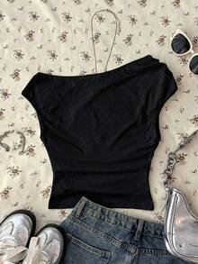 Conjunto de ropa casual y minimalista para deportes, calle, fiestas, aeropuerto, con estampado a rayas rosado y marrón de estilo universitario, apto para festivales de música, outfit de verano para mujer, top corto asimétrico y fruncido ajust - Multicolor 9 - Ver 2