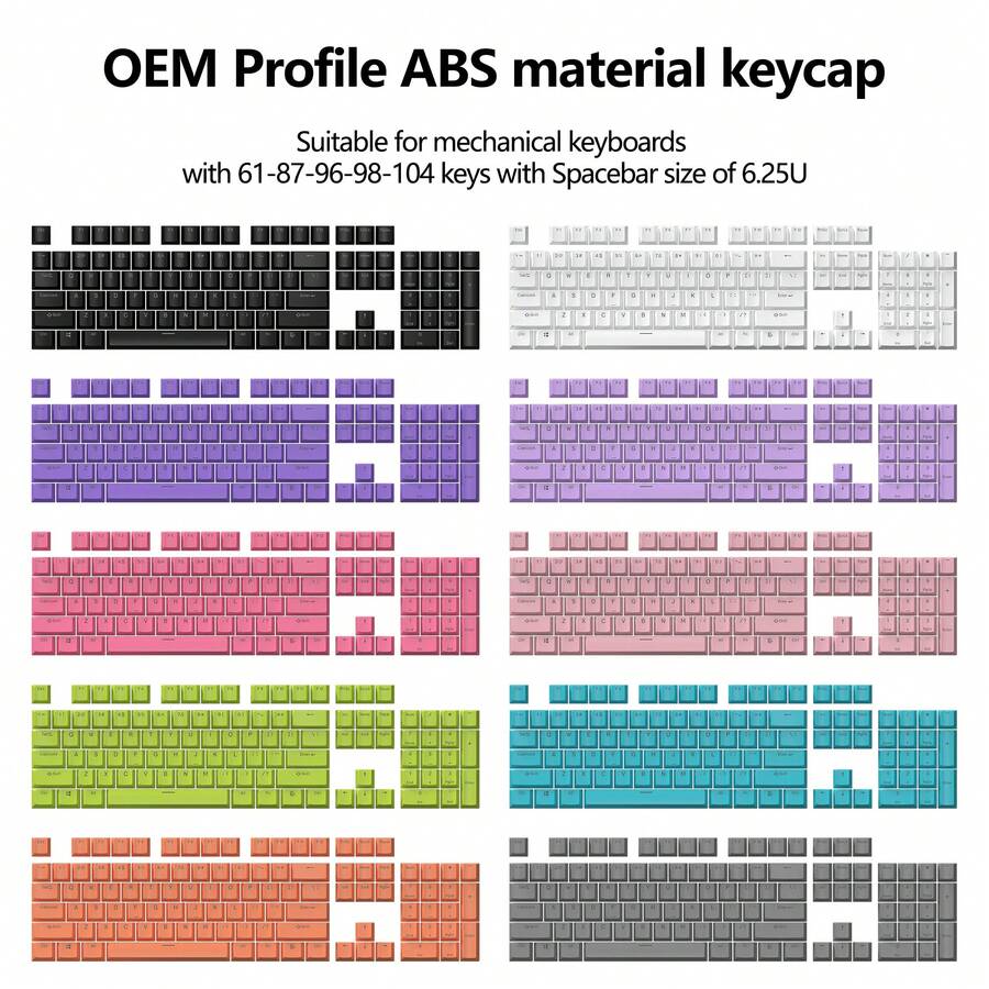 Juego de teclas OEM de perfil ABS, teclas retroiluminadas transparentes compatibles con interruptores de tallo cruzado Cherry MX, compatibles con teclados mecánicos de 61/87/104 teclas, se ajusta a la barra espaciadora de 6.25U