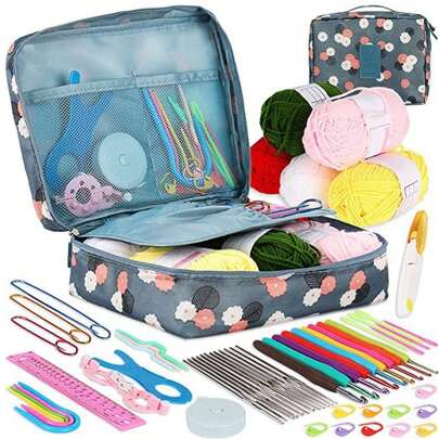 Kits de ganchillo para principiantes adultos, juego de ganchos de ganchillo que incluye ganchos de ganchillo ergonómicos de goma y metal, accesorios de tejido y bolsa, el mejor kit de ganchillo para principiantes, kits de ganchillo para principiantes, conjuntos de ganchillo con hilo, kits completos de ganchillo con accesorios de ganchillo para principiantes y profesionales, kits de ganchillo para proyectos de manualidades de ganchillo y tejido DIY.