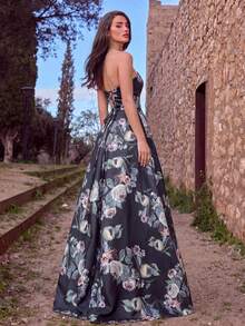 Faeriesty Elegant Strapless Floral Print Maxi Dress, High Slit Design, Backless Tie, A-Line Flowy Skirt, Suitable For Wedding Guest, Formal Photoshoot, Romantic Evening, Garden Party, And Bridal Shoot Vacation Spring Black - Black - View 2