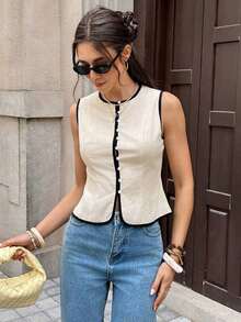 Camisa sin mangas minimalista de color contrastante para mujer, uso casual diario - Albaricoque - Ver 4