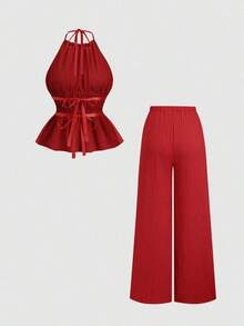 Conjunto de 2 piezas estilo francés relajado con camiseta sin mangas de cintura ceñida y pantalón ancho de pierna holgada, un conjunto de moda para mujeres - Rojo - Ver 2