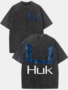 (230g T-Shirt)Men's Washed Cotton Retro Huk Fishing Lure Graphic Tee, Oversized Casual Crewneck Short Sleeve, Soft Breathable All-Season Top &  Gift - 黑色 - 查看 5