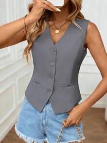 Chaleco sin mangas elegante y casual para uso diario en verano para mujeres - Gris - Ver 6