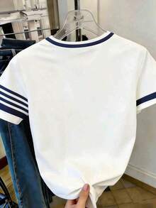Blusa casual de cuello redondo con patrón de volantes y lazo asimétrico de color contrastante, adecuada para uso diario casual - Blanco - Ver 2