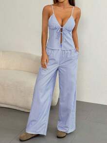Conjunto informal de 2 piezas con top de tirantes con nudo delantero y rayas y pantalones para mujer - Azul marino - Ver 6